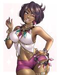  1girl absurdres aqua_gemstone aqua_nails bead_necklace beads brown_hair commentary dangerousbride dark-skinned_female dark_skin diamond_(gemstone) diamond_earrings earrings gem halter_shirt halterneck hand_on_own_hip highres jewelry looking_at_viewer navel neck_ring necklace olivia_(pokemon) one_eye_closed pink_gemstone pink_lips pokemon pokemon_sm purple_shorts short_hair shorts simple_background smile solo z-ring 