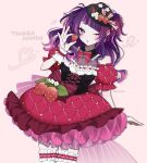  1girl bow bowtie character_name cowboy_shot detached_sleeves diagonal_bangs dress food frilled_thigh_strap fruit hat hazaki_yoshino highres holding holding_food holding_fruit idolmaster idolmaster_shiny_colors long_hair looking_at_viewer multicolored_hair one_eye_closed parted_lips pink_background pink_streaks puffy_detached_sleeves puffy_sleeves purple_eyes purple_hair red_bow red_bowtie simple_background solo standing strawberry streaked_hair tanaka_mamimi thigh_strap twitter_username two_side_up 