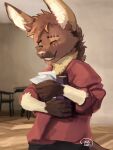 2025 absurd_res anthro book bottomwear brown_body brown_fur brown_hair clothing eye_scar eyes_closed facial_scar fluffy fur gulonine hair happy hi_res hybrid kangaroo macropod male mammal marsupial marten mustelid musteline paper plantigrade ra&#039;zim sable_(marten) scar shirt shorts sweetmacchi tail tan_body tan_fur teeth_showing topwear