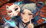  1girl akanbe bangs blue_hair fingernails forehead hairstyle_request hand_tattoo highres japanese_clothes looking_at_viewer mask mask_removed nakamu_405 orange_eyes original portrait red_nails red_tassel short_hair solo tassel tattoo tongue tongue_out v-shaped_eyebrows 