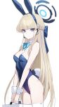  1girl animal_ears aqua_bow aqua_bowtie blonde_hair blue_archive blue_eyes blue_hairband blue_halo blue_leotard bow bowtie breasts briefcase cleavage closed_mouth detached_collar earpiece fake_animal_ears fake_tail hairband halo highleg highleg_leotard holding holding_briefcase leotard lnji_(rnlwls34) long_hair looking_at_viewer medium_breasts official_alternate_costume playboy_bunny rabbit_ears rabbit_tail solo strapless strapless_leotard tail thighhighs toki_(blue_archive) toki_(bunny)_(blue_archive) white_thighhighs white_wrist_cuffs wrist_cuffs 