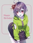  1girl absurdres bare_legs blue_tongue character_request clothes_pull colored_skin colored_tongue green_hood green_hoodie grey_skin happy_birthday highres hood hoodie indie_virtual_youtuber long_sleeves open_mouth pulled_by_self purple_hair red_eyes sakura_chiyo_(konachi000) tongue virtual_youtuber 
