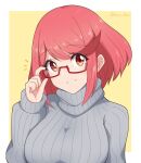  1girl absurdres adjusting_eyewear artist_name bangs border closed_mouth commentary_request glasses grey_sweater hand_up highres long_sleeves looking_at_viewer portrait pyra_(xenoblade) red-framed_eyewear red_eyes red_hair ribbed_sweater ryochan96154 semi-rimless_eyewear short_hair smile solo sweater swept_bangs turtleneck turtleneck_sweater white_border xenoblade_chronicles_(series) xenoblade_chronicles_2 yellow_background 