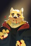  black_jacket blood cooper_krager dog furry furry_male highres jacket light_beam light_particles male_focus nosebleed ponshanchamu remember_the_flowers scar scar_across_eye scar_on_face yellow_fur 