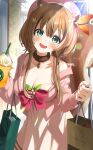  1girl :d animal_ear_fluff animal_ears ayunda_risu ayunda_risu_(1st_costume) bag beret bow breasts brown_choker brown_hair cable_knit cardigan chest_bow choker cleavage commentary_request cup day disposable_cup dress empire_waist fur_choker green_eyes hair_between_eyes hair_ornament hairclip hands_up hat highres holding holding_bag holding_cup hololive hololive_indonesia hood hooded_cardigan kito_koruta large_breasts leaf_hair_ornament long_hair looking_at_viewer low_twintails multicolored_hair open_mouth pink_bow pink_cardigan pink_hat short_dress sleeveless sleeveless_dress smile solo squirrel_ears squirrel_girl squirrel_tail streaked_hair tail teeth twintails upper_teeth_only virtual_youtuber white_dress white_hair 