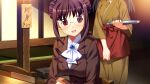  2girls apron apron_hold ascot blue_brooch breasts brooch brown_hair brown_jacket brown_kimono chair double_bun elbow_rest fumio_(ura_fmo) game_cg glasses grisaia_(series) grisaia_no_rakuen hair_bun holding holding_tray indoors jacket japanese_clothes jewelry kimono large_breasts long_sleeves multiple_girls non-web_source official_art on_chair open_mouth red_apron red_eyes shirt short_hair_with_long_locks sitting smile standing suit_jacket tachibana_chizuru_(grisaia) three-quarter_sleeves tray variant_set white_ascot white_shirt zoey_graham 