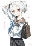 1girl absurdres ahoge arm_up bag black_sailor_collar black_skirt blue_bow blue_bowtie blush bow bowtie brown_bag chinese_commentary commentary contemporary cowboy_shot dated elf hair_tie hair_tie_in_mouth hand_on_own_head highres holding holding_bag holding_own_hair long_sleeves looking_at_viewer mouth_hold mushoku_tensei parted_bangs pointy_ears ponytail red_eyes sailor_collar school_bag school_uniform serafuku short_hair signature skirt solo sylphiette_(mushoku_tensei) translation_request tying_hair white_background yisjhui 