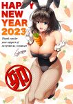  1girl 2023 animal_ears between_breasts black_hair black_leotard blue_eyes breasts carrot carrot_background chinese_zodiac cleavage commentary_request fishnet_pantyhose fishnets gloves happy_new_year large_breasts leotard lioreo original pantyhose playboy_bunny rabbit_ears short_hair smile solo strap_slip white_gloves year_of_the_rabbit 