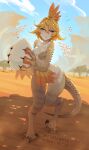 1girl absurdres arrow_(symbol) artist_name blonde_hair breasts claws closed_mouth cloud dokibird_(vtuber) egg english_text feather_hair furry green_eyes hair_between_eyes heterochromia highres holding holding_egg indie_virtual_youtuber kulu-ya-ku monster_girl monster_hunter_(series) motion_lines musical_note myth1carts orange_feathers red_eyes shadow short_hair sky smile solo tail talons tree virtual_youtuber 