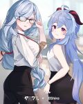  2girls alternate_costume bare_shoulders blue_eyes blue_hair braid breasts closed_mouth collaboration erushira ganyu_(genshin_impact) genshin_impact glasses hair_ornament hair_over_one_eye highres horns large_breasts long_hair looking_at_viewer multiple_girls office_lady pantyhose red_eyes shenhe_(genshin_impact) shirt smile white_shirt yaruwashi 