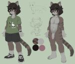 2025 5_fingers anthro black_bottomwear black_clothing black_footwear black_hair black_shoes black_shorts black_wristwatch bottomwear brown_body brown_eyes brown_fur cat_sona_(mr-shin) clothing domestic_cat felid feline felis fingers flaccid footwear foreskin frown fur genitals glans green_clothing green_shirt green_topwear grey_body grey_fur grey_penis hair hi_res leg_markings looking_at_viewer male mammal markings model_sheet mr-shin penis pink_glans pink_inner_ear pink_nose shirt shoes shorts socks_(marking) solo standing topwear vein veiny_penis white_clothing white_footwear white_shoes