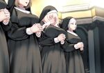  absurdres bangs blush breasts catholic closed_eyes dress faceless faceless_female habit highres large_breasts long_dress long_hair long_sleeves medium_breasts multiple_girls nun original own_hands_clasped own_hands_together palms_together praying short_hair svet_yomi wavy_hair white_hair 