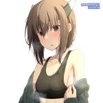  1girl armpit_peek bare_shoulders black_sports_bra breasts brown_eyes brown_hair cropped_torso dated headgear kantai_collection looking_at_viewer m.a.o one-hour_drawing_challenge parted_lips short_hair small_breasts solo sports_bra sweat taihou_(kancolle) twitter_username 