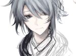 00_gx4 1boy bangs commentary_request genshin_impact gradient_hair grey_eyes grey_hair hair_over_one_eye hair_over_shoulder kamisato_ayato long_bangs looking_to_the_side male_focus medium_hair mole mole_under_mouth multicolored_hair painting_(medium) ponytail portrait sidelocks simple_background sketch solo swept_bangs traditional_media unfinished white_background 