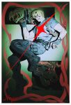  1boy artist_name black_boots black_gloves black_pants blonde_hair boots ckm_tee clenched_teeth fingerless_gloves floating full_body gloves gun hair_between_eyes handgun holding holding_gun holding_weapon holster horror_(theme) leg_up leon_s._kennedy male_focus monster muscular muscular_male pants red_eyes resident_evil resident_evil_2 short_hair shoulder_holster solo teeth water weapon 