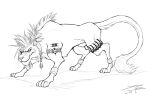 2019 animal_genitalia balls crazydrak dated felid feral final_fantasy final_fantasy_vii fully_sheathed genitals hi_res male mammal mane monochrome mouth_closed narrowed_eyes quadruped red_xiii sheath side_view signature simple_background solo square_enix tail tail_tuft tial tuft