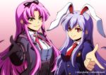  2girls akane_kazami animal_ears black_gloves bolo_tie bow breasts commission curtained_hair double-parted_bangs eiyuu_densetsu finger_gun gloves gradient_background hair_between_eyes hair_bow highres imperishable_night kuro_no_kiseki_(series) kuro_no_kiseki_ii long_sidelocks medium_breasts multiple_girls necktie parted_bangs pink_background pixiv_username pointing pointing_at_viewer rabbit_ears red_bolo_tie red_eyes red_necktie reisen_udongein_inaba renne_(eiyuu_densetsu) sidelocks simple_background smile touhou twitter_username yellow_eyes 