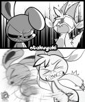 2025 2_horns adrielle-akuryo anthro artist_name blush bodily_fluids canon_couple chikn_nuggit claws clenched_teeth comic digital_media_(artwork) dragon duo eyes_closed face_slap fur fwench_fwy_(chikn_nuggit) hair hi_res horn i_will_survive_slap iscream_(chikn_nuggit) lagomorph leporid long_ears mammal meme monochrome motion_lines mythological_creature mythological_scalie mythology nonbinary_(lore) rabbit scalie sharp_teeth shocked slap sweat teeth text