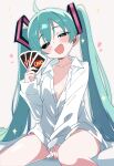  1girl absurdres ahoge aqua_hair black_sclera blush card colored_sclera drooling fang flat_chest green_nails hair_between_eyes hatsune_miku heart highres holding holding_card hutaba_haru long_hair looking_at_viewer mimukauwa_nice_try_(vocaloid) naked_shirt no_panties shiny_skin shirt sitting skin_fang solo sparkle twintails uno_(game) white_background white_shirt 