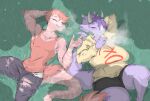 anthro athletic athletic_anthro athletic_male bottomwear cavemanon_studios ceratopsian clothing curved_horn denim denim_bottomwear denim_clothing dinosaur dreadlocks dromaeosaurid drugs dullvivid duo facial_horn feathered_dinosaur feathered_scalie feathers female goodbye_volcano_high hair half-closed_eyes hi_res hoodie horn jeans male marijuana marijuana_blunt mega_milk meme muscle_tone narrowed_eyes nose_horn open_mouth open_smile ornithischian pants pecs pink_body pink_feathers pink_hair pink_scales prehistoric_species purple_body purple_hair purple_scales reed_(gvh) reptile scales scalie shirt slightly_chubby slightly_chubby_anthro slightly_chubby_female smile smoke smoking smoking_marijuana snoot_game tank_top theropod topwear torn_bottomwear torn_clothing torn_jeans torn_pants triceratops trish_(gvh)