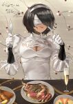  1girl alcohol black_hair blindfold breasts champagne champagne_flute cleavage cleavage_cutout closed_mouth clothing_cutout cup dress drinking_glass fadingz food fork gloves hair_over_one_eye hairband highres holding holding_fork holding_knife knife lips meat medium_breasts mole mole_under_mouth nier_(series) nier_automata pixiv_id plate short_hair signature solo white_dress white_gloves white_hairband yorha_type_p_no._2 