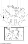 2021 2_panel_comic 4_toes 5_fingers andy_(nekocrispy) anthro avian beak belly beverage big_belly bird black_and_white black_line_art bloated borderless_panel bottomwear claws closed_smile clothed clothing comic container crumbs cup date dialogue digital_media_(artwork) duo english_text eyebrows eyes_closed eyewear featureless_chest feet fingers furniture genitals glass glass_container glass_cup glasses half-closed_eyes hand_on_penis happy hi_res huge_belly huge_thighs inside male male/male monochrome moobs mouth_closed narrowed_eyes nekocrispy obese obese_anthro obese_male oliver_(nekocrispy) open_mouth open_smile overweight overweight_anthro overweight_male penis plate pupils restaurant round_glasses shirt shorts smile speech_bubble speedo swimwear table talking_to_another talons tank_top text thick_eyebrows thick_thighs toe_claws toes topwear url wearing_glasses