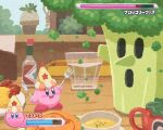  blue_eyes blue_sky boss_fight broccoli burger character-themed_food commentary copy_ability cup drinking_glass drooling food foodification fork hat heads-up_display health_bar holding holding_cup holding_fork holding_knife hot_sauce kirby kirby&#039;s_return_to_dream_land kirby_(series) kirby_cafe knife looking_at_another maxim_tomato mayonnaise miclot mini_person mouth_drool no_humans omelet omurice outdoors party_hat print_hat sky soup standing star_(symbol) star_print tabasco translated user_interface waddle_dee water whispy_woods 