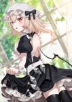  1girl absurdres alternate_costume apron bare_back black_dress black_ribbon blonde_hair blurry blurry_background blush bow cowboy_shot crystal crystal_wings depth_of_field dress enmaided flandre_scarlet frills from_behind hair_between_eyes hat highres kodouirasto looking_at_viewer looking_back maid mob_cap open_mouth puffy_short_sleeves puffy_sleeves red_eyes ribbon short_sleeves skirt_hold solo thighhighs touhou wings wrist_cuffs 