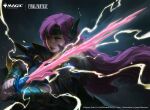  1girl absurdres armor electricity faris_scherwiz fighting_stance final_fantasy final_fantasy_v green_eyes headband highres holding holding_sword holding_weapon long_hair magic:_the_gathering official_alternate_costume official_art purple_hair serious solo sword thatjaykart upper_body warrior_(final_fantasy) weapon 