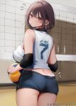  1girl ? blurry blurry_background blush breasts brown_hair buruma elbow_pads from_behind highres large_breasts looking_back medium_hair nekomugiharu original panties panties_under_buruma pantyshot sportswear underwear uniform_number visible_ears volleyball volleyball_net volleyball_uniform white_panties 