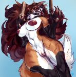 anthro areola arm_tuft big_breasts big_tail biped black_body black_claws black_fur blue_background blue_eyes breasts brown_body brown_ears brown_fur brown_hair brown_tail canid canine canis claws collar collar_only colored countershade_fur countershade_legs countershade_torso countershading curvy_figure digital_media_(artwork) dipstick_tail dual_wielding ear_piercing ear_stud elbow_tuft eyewear facial_markings fangs female female_anthro finger_claws fluffy fluffy_tail front_view fur genitals gloves_(marking) goggles gun hair handgun head_markings hi_res holding_gun holding_handgun holding_object holding_ranged_weapon holding_revolver holding_weapon hourglass_figure huge_breasts humanoid_hands innie_pussy long_hair long_tongue mammal markings monotone_hair multicolored_tail muzzle_(marking) narrowed_eyes navel neck_tuft nipples nude nude_anthro nude_female open_mouth open_smile piercing pink_areola pink_nipples pink_tongue portrait pose pussy ranged_weapon revolver shaded signature simple_background small_waist smile solo tail tail_markings teeth thick_thighs three-quarter_portrait tongue tongue_out tuft two_tone_tail weapon white_body white_countershading white_fur white_tail white_tail_tip wide_hips wolf zerolativity