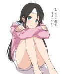  1girl arms_on_knees black_hair blue_eyes blush crossed_arms grey_hoodie highres hood hoodie idolmaster idolmaster_shiny_colors long_hair mitsumine_yuika pachiko patch shoes sitting smile solo thighs translated white_background white_shoes 