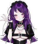  1girl adjusting_hair arm_up belt belt_bra black_belt black_collar black_corset black_headdress blush breasts chain chain_necklace collar corset grey_background hazaki_yoshino highres idolmaster idolmaster_shiny_colors jewelry long_hair looking_at_viewer necklace parted_lips puffy_short_sleeves puffy_sleeves purple_eyes purple_hair short_sleeves simple_background solo straight-on tanaka_mamimi twitter_username upper_body 