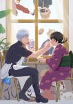  2boys 4girls absurdres black_boots black_hair black_pants black_shirt black_shoes blonde_hair blue_kimono boots braid camera cccccchensilu chair commentary commentary_request crying curtains eating food food_on_face genderswap genderswap_(mtf) gintama glasses green_sash grey_hair hadanugi_dousa hetero highres hijikata_tenko hijikata_toushirou holding holding_camera holding_spoon ice_cream indoors japanese_clothes kagura_(gintama) kimono long_sleeves looking_at_another male_focus mayonnaise multiple_boys multiple_girls obi okita_sougo on_chair open_mouth pants parfait plant potted_plant profile purple_hair purple_kimono red-framed_eyewear red_pants red_sash sakata_gintoki sandals sarutobi_ayame sash shirt shoes short_hair short_sleeves sitting spoon table tsukuyo_(gintama) twin_braids upside-down window 
