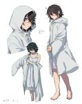  1girl alternate_costume bare_shoulders barefoot black_hair blush breasts collarbone dated dress glasses grey_dress highres hood hood_down hood_up long_sleeves momijiyama_teru multiple_views red_eyes short_hair shy_(series) simple_background small_breasts takatisakana translation_request white_background 