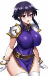  1girl 4chan black_hair blush breasts covered_navel curvy drawfag fire_emblem fire_emblem:_genealogy_of_the_holy_war fire_emblem_heroes gloves highres larcei_(fire_emblem) large_breasts looking_at_viewer navel open_mouth short_hair skirt smile solo thick_thighs thighhighs thighs white_background 