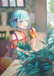  1girl absurdres black_choker blue_eyes blue_hair blurry blurry_background blurry_foreground choker cross-laced_shirt cup disposable_cup dress drinking_straw hair_bobbles hair_ornament hairclip highres indoors looking_at_viewer open_mouth original plant senryoko sitting 