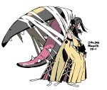  1girl backless_outfit bilingual_text black_shirt closed_mouth commentary_request full_body hakama harurie highres humanization japanese_clothes looking_at_viewer looking_back mawile mixed-language_text pokedex_number pokemon red_eyes shirt simple_background solo standing white_background yellow_hakama 