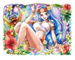  1girl blue_hair flower hibiscus leaf long_hair midriff nefertari_vivi official_art one_piece one_piece_treasure_cruise open_mouth red_flower solo solo_focus teeth yellow_flower 