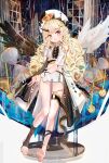  1girl absurdres aiu_. asymmetrical_wings bare_legs barefoot black_horns black_wings blonde_hair character_request commentary_request copyright_request drill_hair fang feathered_wings heterochromia highres horns long_hair mismatched_wings open_mouth pointy_ears shorts single_horn skin_fang soles solo stirrup_legwear toeless_legwear toes wings 