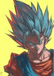  1boy alto_(natsusansai) blue_eyes blue_hair collarbone commentary_request dragon dragon_ball dragon_ball_super earrings highres jewelry male_focus open_mouth potara_earrings signature smile solo super_saiyan super_saiyan_blue upper_body vegetto yellow_background 