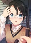  1boy 1girl adjusting_hair black_gloves black_hair blue_eyes blush gloves highres holding holding_umbrella idolmaster idolmaster_shiny_colors long_hair long_sleeves mitsumine_yuika open_mouth pachiko producer_(idolmaster) semi-rimless_eyewear shirt sweater_vest twintails umbrella under-rim_eyewear water_drop wet white_shirt 