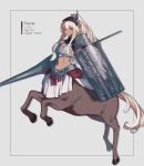  1girl armor blonde_hair breastplate breasts centaur character_name character_profile closed_mouth from_side full_body highres holding holding_polearm holding_shield holding_weapon lance long_hair looking_at_viewer medium_breasts navel original oshiruko_(tsume) pauldrons polearm ponytail rearing red_eyes shadow shield shoulder_armor simple_background solo stomach taur very_long_hair weapon white_background 