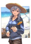  1girl beach beer_can blue_jacket blush breasts brown_shorts can cleavage collarbone grey_eyes grey_hair hair_between_eyes hat highres holding jacket kantai_collection large_breasts long_hair long_sleeves ocean open_mouth outdoors pumpkin shorts smile solo straw_hat sun_hat suzutsuki_(kancolle) tantaka twitter_username 
