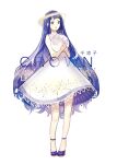  1girl blue_hair crown dress full_body halo holding_moon lipstick long_hair makeup moon original personification purple_footwear senryoko simple_background standing very_long_hair white_background white_dress 