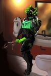  absurd_res anthro aspekt_(protogen) bathroom black_body bodily_fluids charlotart clothing collar crop_top cum cum_on_face cumshot ejaculation genital_fluids genitals glory_hole green_clothing green_eyes green_hair green_penis hair hi_res hole_in_wall humanoid_genitalia humanoid_penis machine penis protogen public_restroom restroom_stall shirt solo topwear 