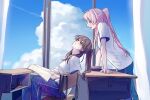  2girls absurdres airpods bang_dream! bang_dream!_it&#039;s_mygo!!!!! black_hair blue_pants blush breasts chair chihaya_anon chinese_commentary cloud commentary_request cumulonimbus_cloud desk glasses grey_eyes hero45439083942 highres long_hair medium_breasts mole mole_under_eye multiple_girls pants pink_hair ponytail purple_eyes school_chair school_desk shiina_taki shirt short_sleeves sitting standing textless_version white_shirt window wireless_earphones 
