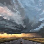  absurdres acrylic_paint_(medium) cloud commentary cumulonimbus_cloud day distant english_commentary highres horizon jimmusilpainter landscape light_rays original painting_(medium) plain road storm sunbeam sunlight sunset traditional_media wide_shot 