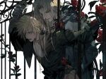  2boys alternate_universe bangs blonde_hair blouse cloud_strife collared_shirt cross cross_necklace evening fence final_fantasy final_fantasy_vii flower foliage highres holding_another&#039;s_wrist iron_fence jewelry long_hair messy_hair multiple_boys necklace night nun red_flower red_rose rose rose_bush sephiroth shirt short_hair smirk spiked_hair sweat white_hair white_shirt xiandao1213 yaoi 