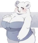  4_fingers anotherbearsimp anthro bear biped blush breasts cleavage clothed clothing eyelashes female fingers fur hi_res ice_(interspecies_reviewers) interspecies_reviewers mammal open_mouth simple_background simple_eyes smile solo white_body white_fur 